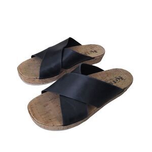 KORK-EASE Women's Black Leather Open Toe Platform Slide Sandals Sz 6.5 Casual‎